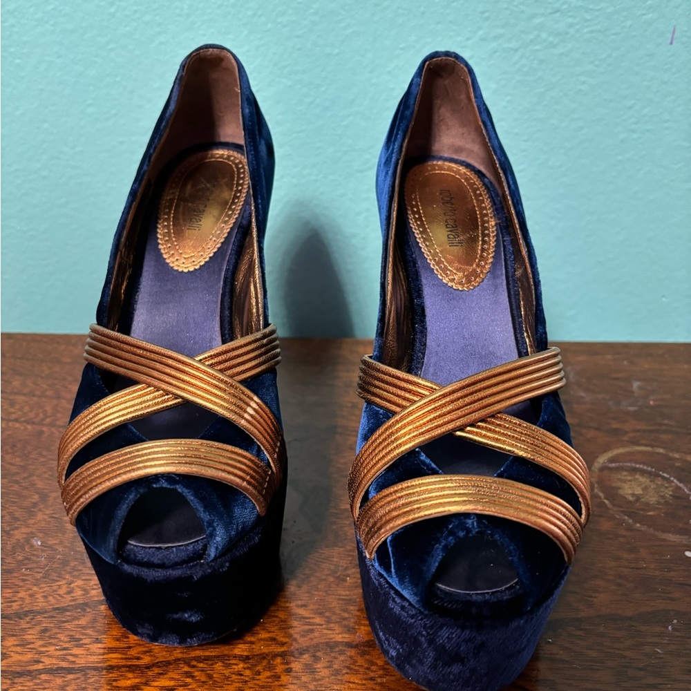 Velvet blue with gold detail Roberto Cavalli peep toe platform heels